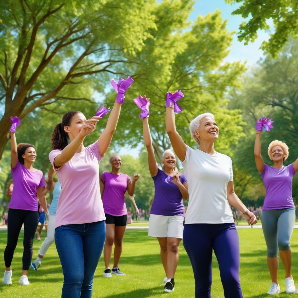 A diverse group of individuals engaging in a community exercise session in a park, showing support and encouragement. Include a backdrop of vibrant green trees and a clear blue sky, with smiles and high-fives reflecting positivity. Depict elements symbolizing cancer awareness, like purple ribbons. The scene should convey strength, unity, and resilience. super-realistic. vibrant colors. 3D.