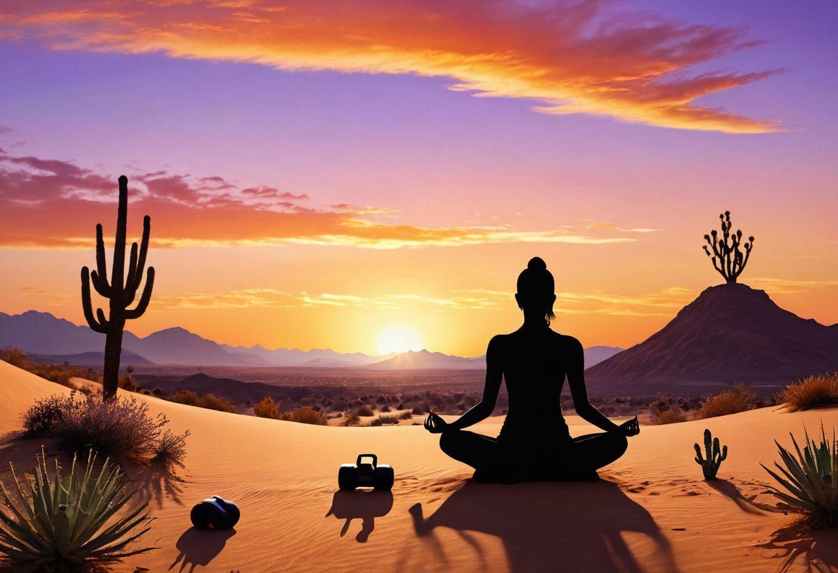 A serene desert landscape at sunset, featuring a silhouette of a strong individual practicing yoga on a sandy dune, surrounded by cacti and desert flora. In the foreground, motivational wellness symbols like water bottles, dumbbells, and herbal plants are artistically arranged, signifying strength and recovery. The sky is painted in warm oranges and purples, creating a calming yet invigorating atmosphere. super-realistic. vibrant colors. warm background.