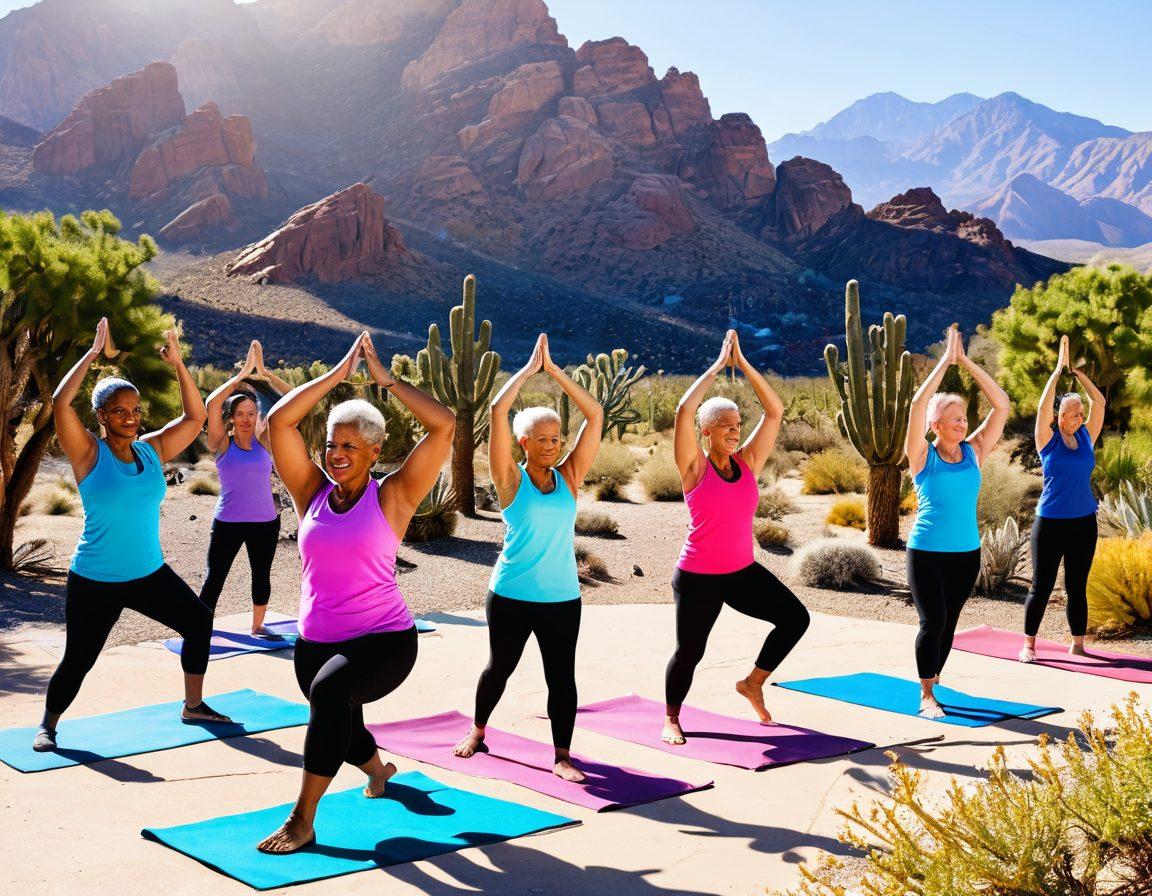 A diverse group of cancer survivors engaging in a fitness class outdoors in a picturesque desert landscape, with cacti and mountains in the background. They are participating in various activities like yoga, hiking, and group meditation, showcasing camaraderie and resilience. The atmosphere is bright and uplifting with vibrant colors representing hope and strength. Include symbols of wellness like water bottles, mats, and support banners. bright colors. super-realistic. scenic background.
